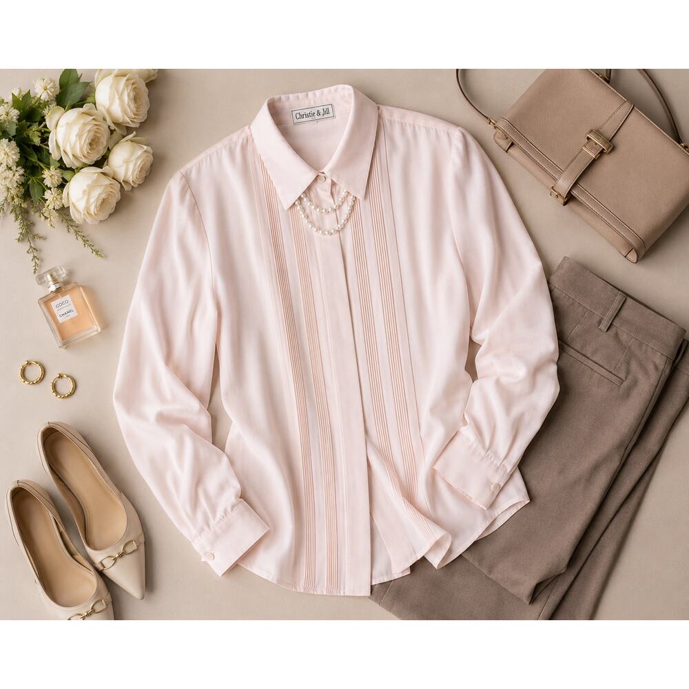 Christie & Jill Vintage Blush Pink Pintuck Secretary Blouse Pearl Chain Size 8 - Picture 9 of 9